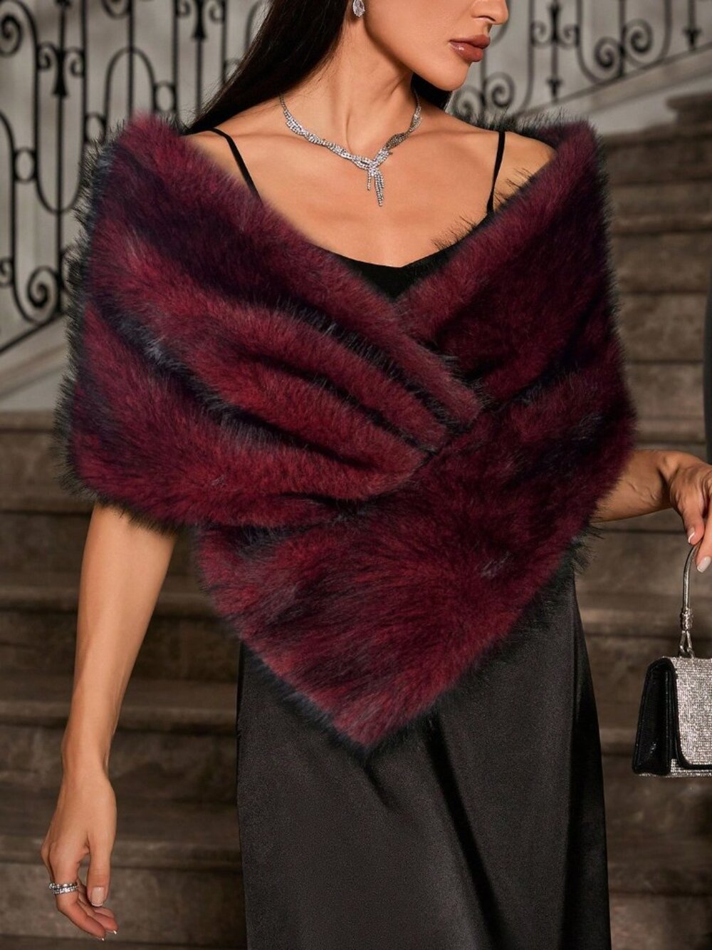 Burgundy Casual Women's Sexy Faux Fur Cape